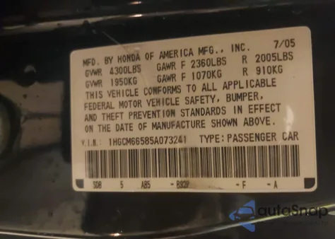 2005 Honda Accord 3.0 Ex из США, поврежденный, VIN 1HGCM66585A073241